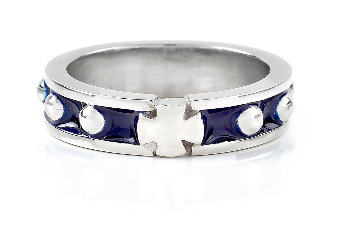 Bague religieuse en or blanc avec émail bleu de ROSARIUM BY MAURIZIO TINI