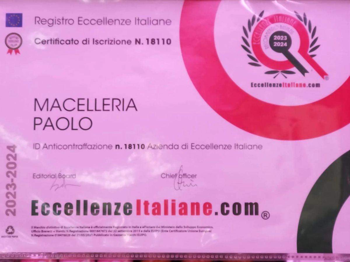 Certificato Eccellenza 2021-2022 della Macelleria Paolo