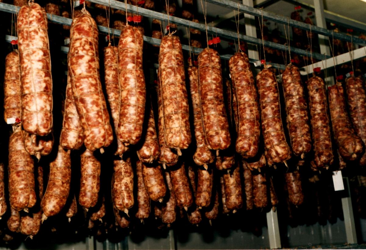 Salumi freschi di Bertelli Salumi pronti per la stagionatura in Càneva
