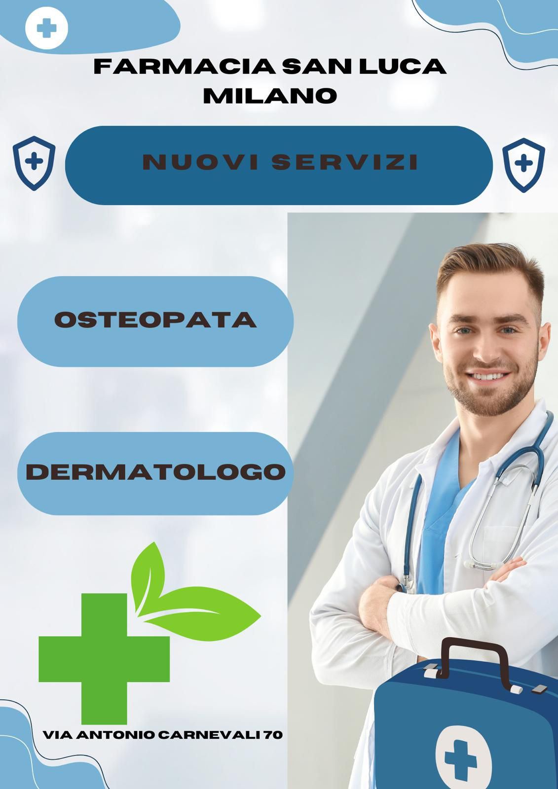 Interno della FARMACIA SAN LUCA Milano con scaffalature e banco farmacia