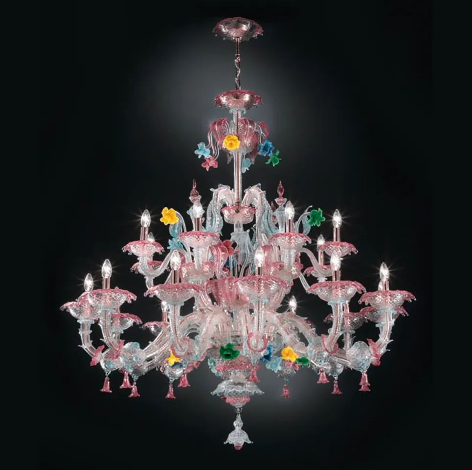 Lampadario veneziano modello Rezzonico trasparente con fiori colorati da Alvise Giustinian