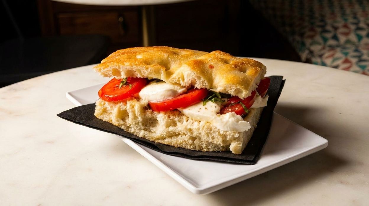 Panino focaccia con mozzarella, pomodori e basilico da SOTToVOCE CAFE