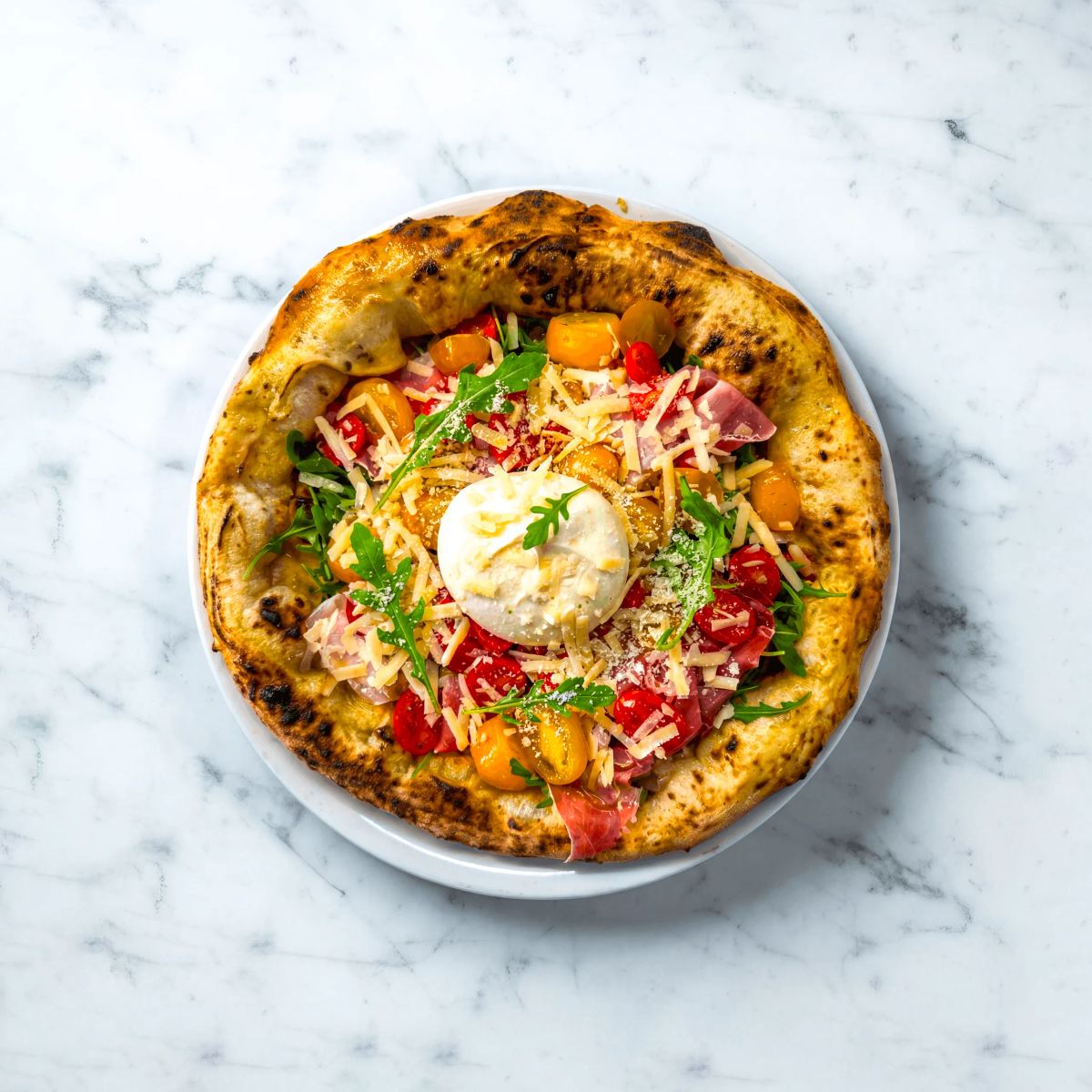 Focaccia Papilla Milano con crudo di Parma DOP, burrata e rucola