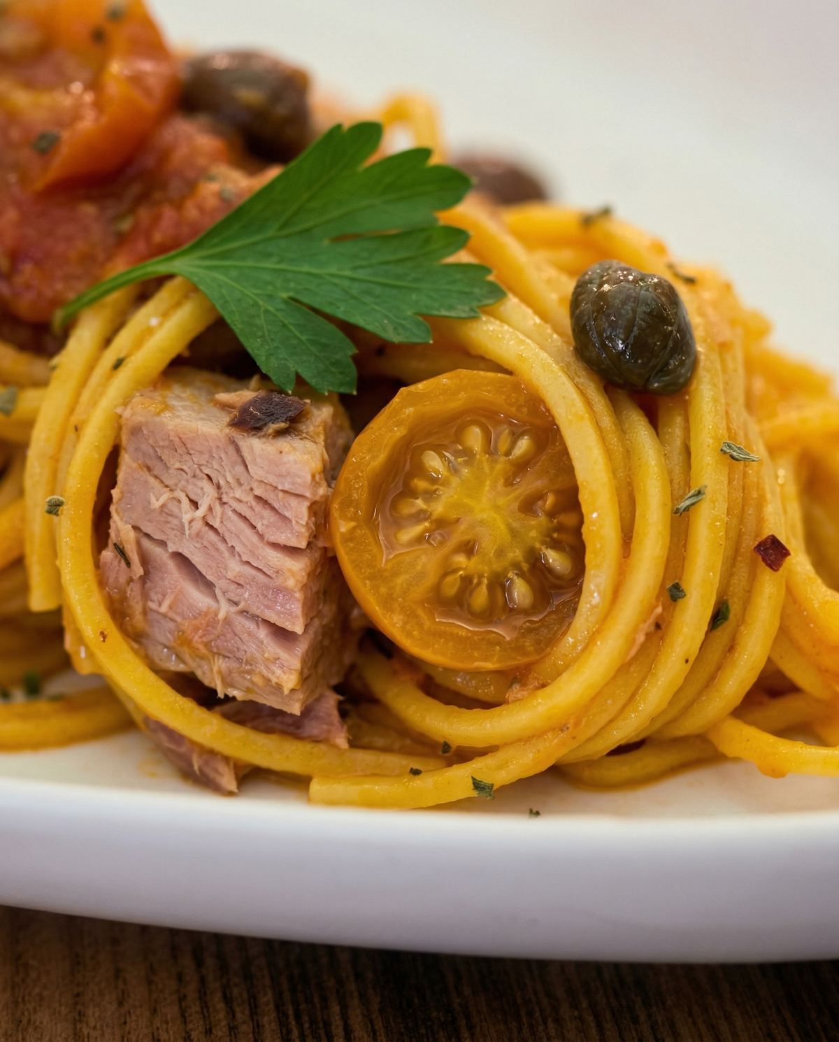 Spaghetti alla chitarra con tonno e pomodorini de LA ROMANTICA