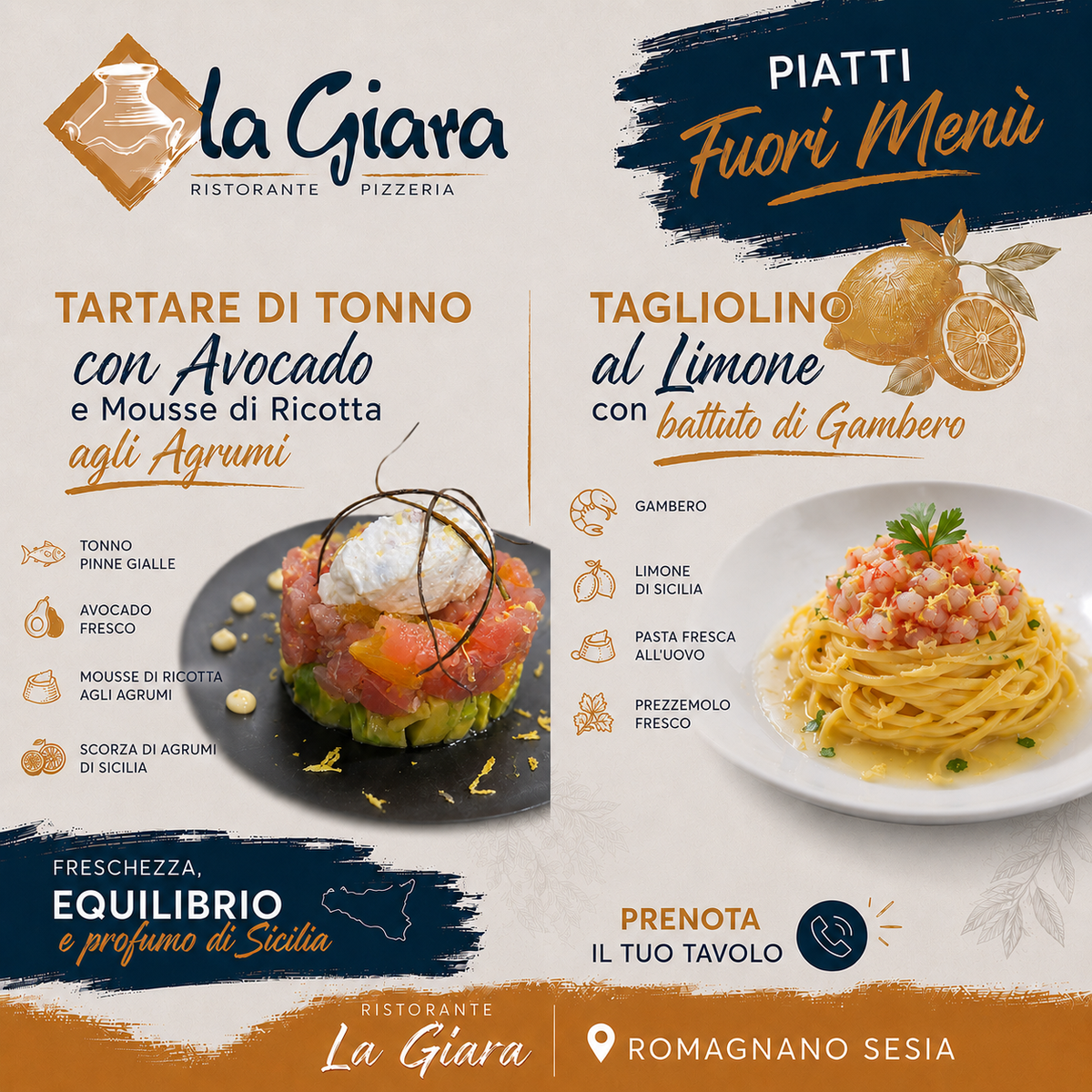 Proposte culinarie del Ristorante Pizzeria La Giara