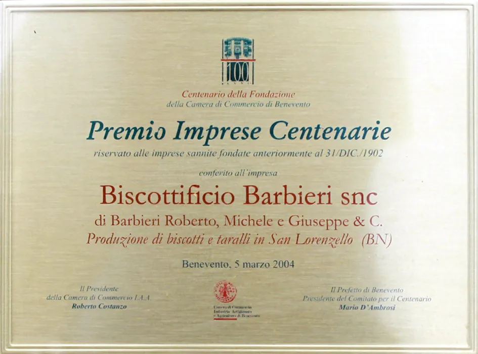 Riconoscimento alle imprese centenarie per il Biscottificio Barbieri