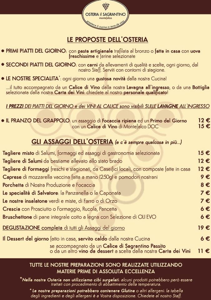 Menu dell'Osteria il Sagrantino